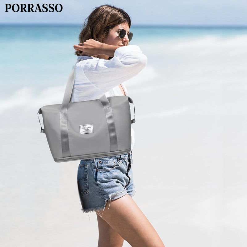 Travel Duffle Bag Women Sport Bag Expandable Holdall Large Carry on Bag Gym Tote Bag Shoulder Bag for Vacation Sports Weekend Grey