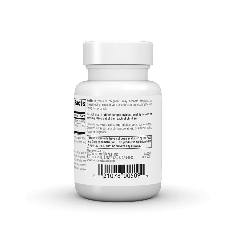Source Naturals Pantothenic Acid, 100 mg -100 Vegan Tablets | Vitamin B-5 | Non-GMO Validated*