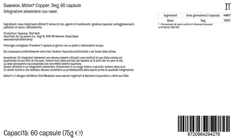 [Australia] - Swanson, Albion Copper, 2mg copper, copper bisglycinate, 60 capsules, high dosage, laboratory tested, soy-free, gluten-free, non-GMO 
