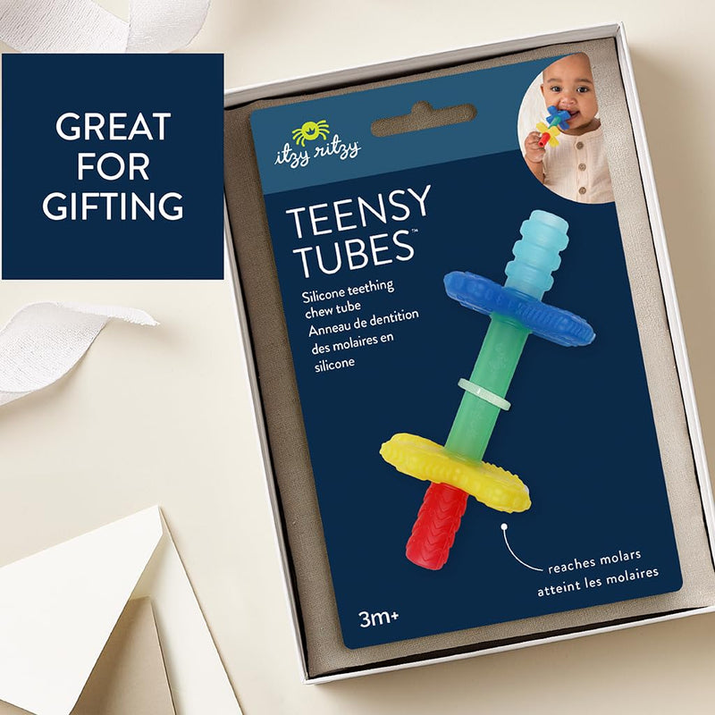 [Australia] - Itzy Ritzy Teensy Tube Teether; Textured Hollow Baby Teething Tube That Reaches Front Teeth & Back Molars, Made of Soft Silicone (Rainbow) Rainbow 
