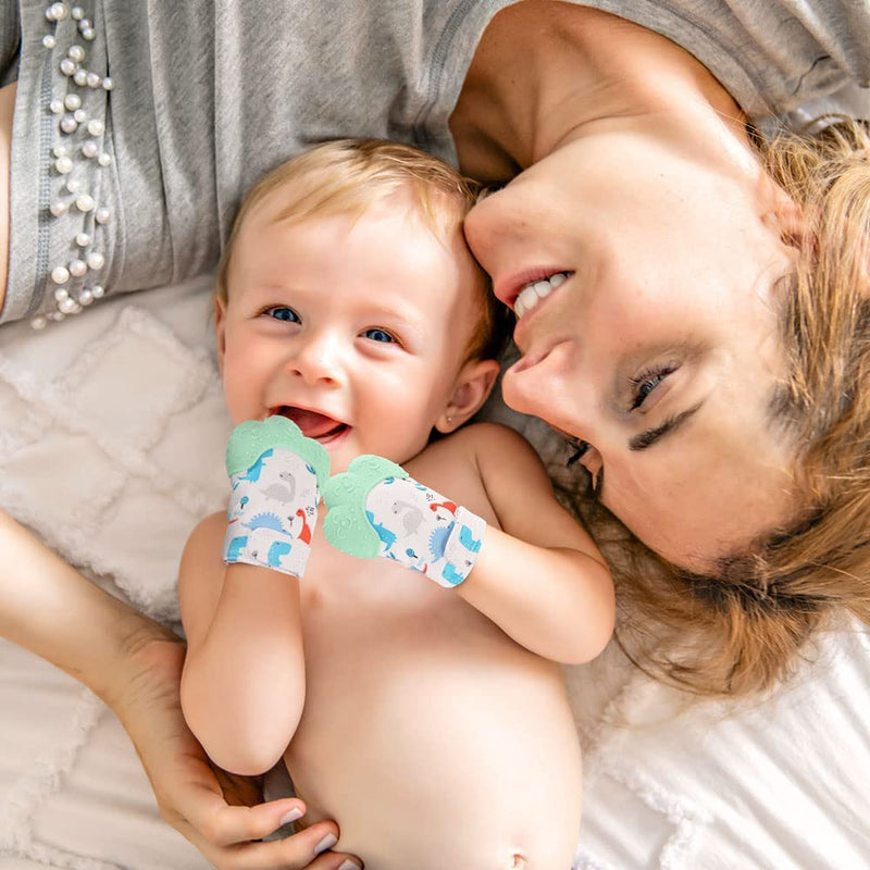 [Australia] - 2Pack Silicone Teething Mitt, Soothing Infant Teething Mitten Pain Relief, Prevent Scratches Glove, Safe Silicone Teething Toys for 0-12 Months green dinosaur 