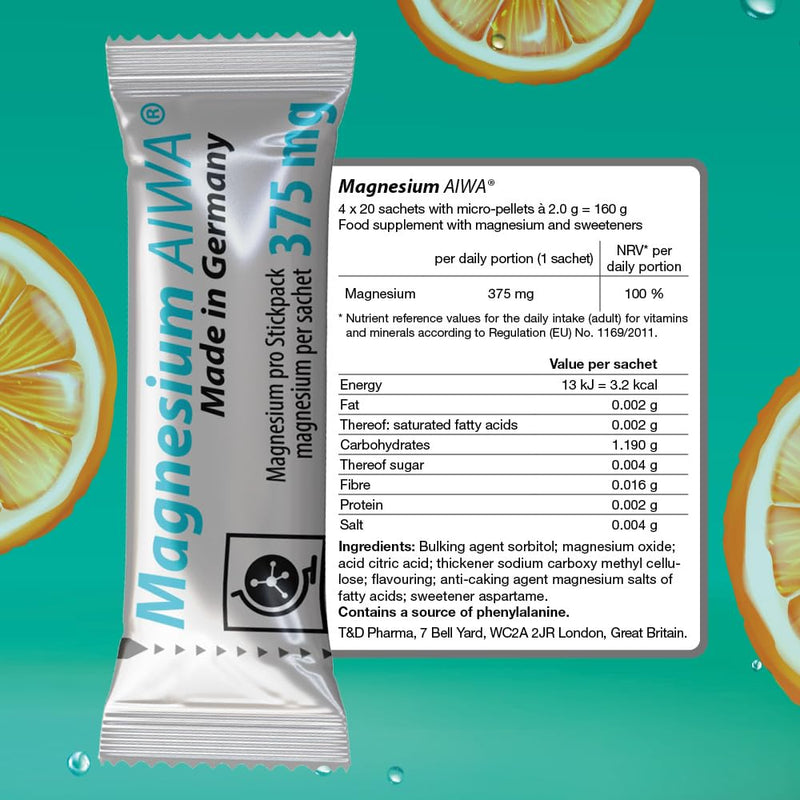 T&D Magnesium Stick Pack 375 mg, No Water, 80 Servings, Easy to Use Powder Sachets, Orange Flavour with Direct Micro-Pellets, Supports Muscle Function and Energy 2 g (Pack of 80)