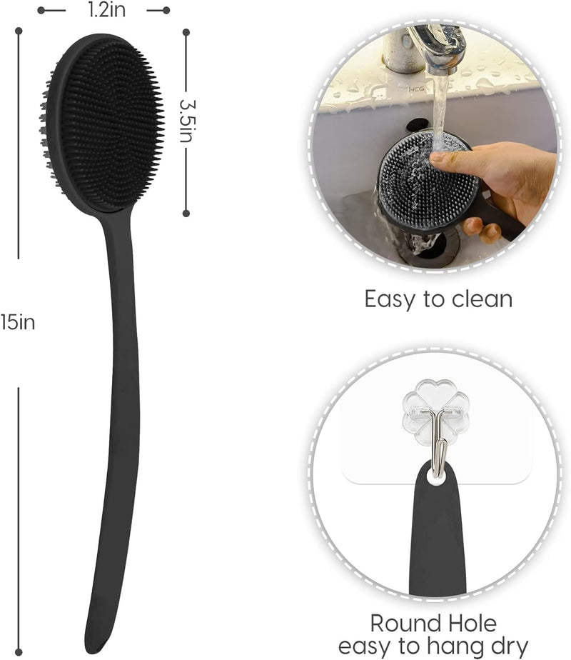 Silicone Back Scrubber for Shower, New Update Bath Body Double Sided Brush with Long Handle for Shower Exfoliating and Massage Can Produce More Rich Foam for Men and Women Black