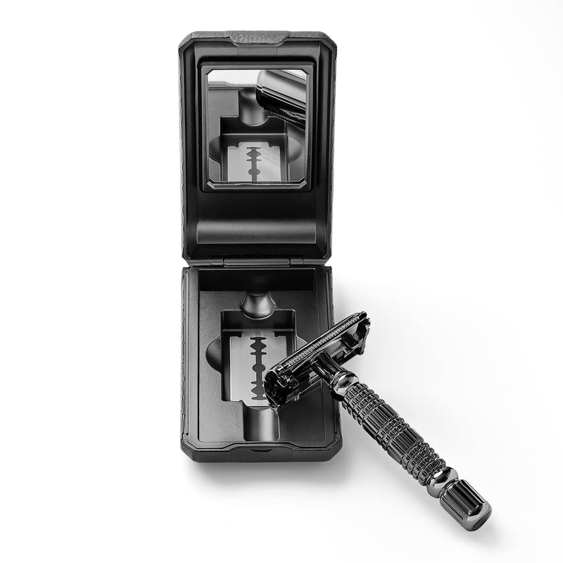 [Australia] - Störtebekker® Premium safety razor 'Hamburg' in a handmade leather case - *TESTS WINNER* Stiftung Warentest (12/2024) - Shaving set with 10 razor blades, travel case & built-in mirror - wet razor black - black 