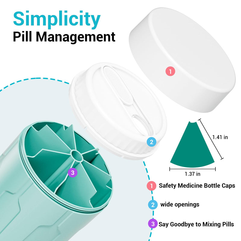 Weekly XXL Pill Organizer Bottle, Daily Pill Dispenser, Anti-Mix Design | 7 Day Portable Travel Pill Box, 21 Labels & Cleaning Brush, XXL Wide Mouth for Easy Access, Vitamin, Fish Oils, Supplement Cyan