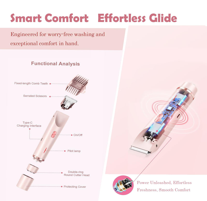 [Australia] - Bikini Trimmer for Women 2 in 1，Waterproof Bikini Trimmer，Rechargeable Cordless Electric Razors for Face Chin Pubic Underarm Legs，IPX7 Personal Trimmer Groomer for Body Hair，Pink 