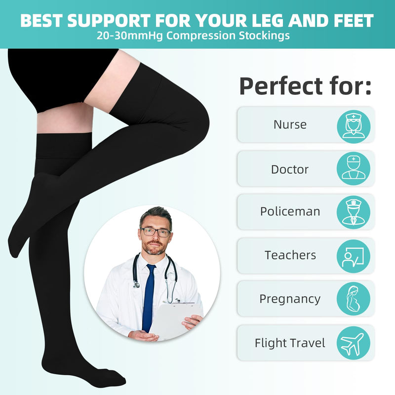 [Australia] - Evolyline 2 pairs of medical compression stockings for women and men, 20-30 mmHg, class II thigh long support stockings, compression socks for air travel, graduated support for varicose veins, toe wrap (black + black), XL 