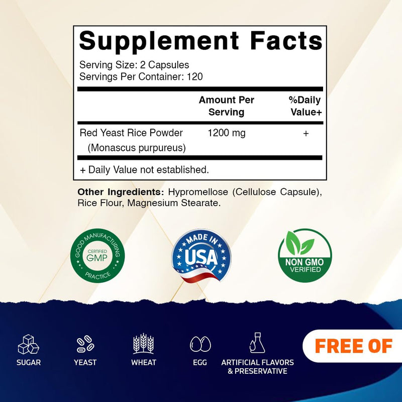 [Australia] - Vitamatic Red Yeast Rice 1200 mg Per Serving - 240 Veg Capsules - Made in The USA - Non-GMO & Gluten Free 