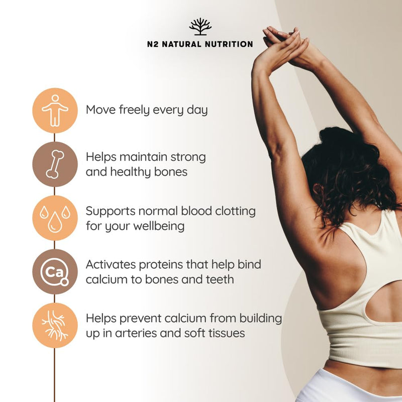 Natural Vitamin K2 Mk7 Capsules, High Concentration 200µg. for Hear, Brain and Bones. 120 Vegetable Capsules. UK Vegan Certified. N2 Natural Nutrition
