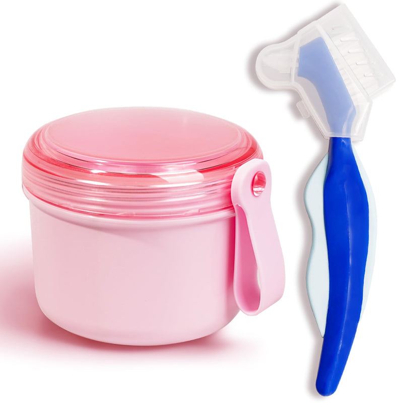 Denture Case with Denture Brush, Waterproof Denture Bath with Portable Denture Brush Holder,Partial Denture Case with Basket denture cups for soaking dentures (pink) pink