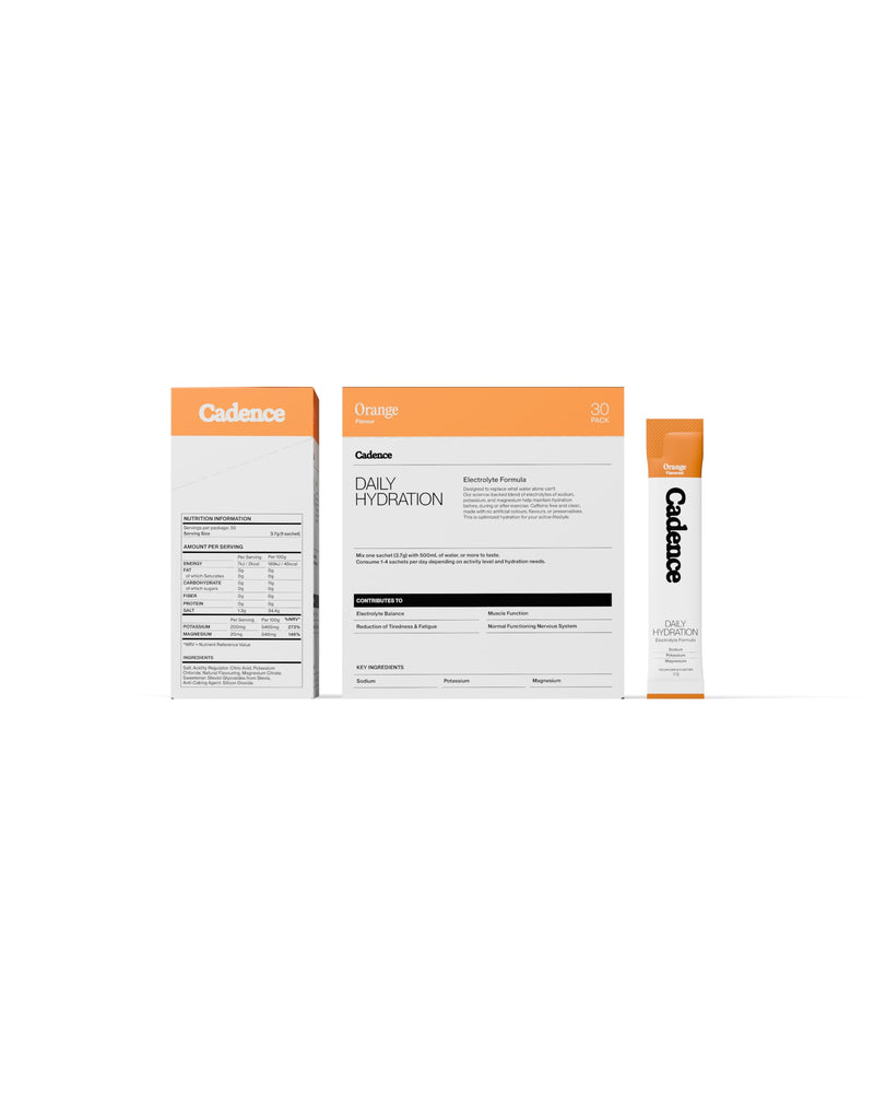 Cadence Daily Electrolyte Hydration Sachets - Essential Electrolytes Powder - Sodium, Potassium & Magnesium - Sugar Free, Zero Caffeine, Vegan - Everyday Use for Rehydration - Orange - 30 Sachets