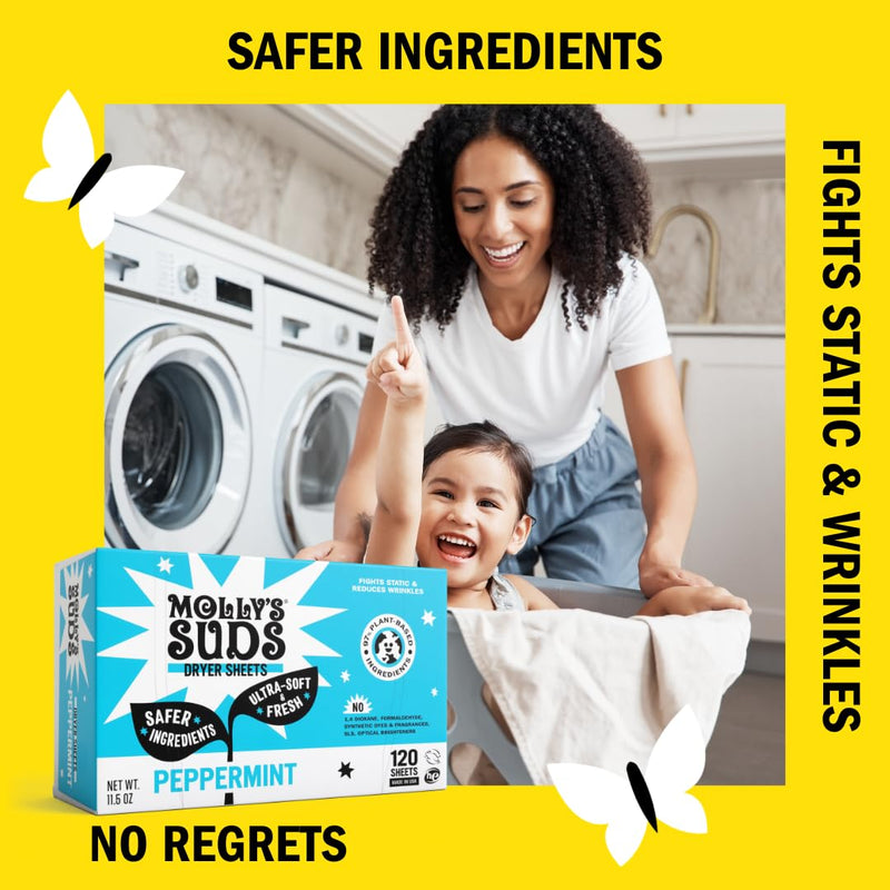 [Australia] - Molly's Suds Fabric Softener Dryer Sheets for Sensitive Skin | Plant-Based Static Reducer, Plastic-Free Packaging | Peppermint (120 Sheets) Peppermint (120 Sheets) 