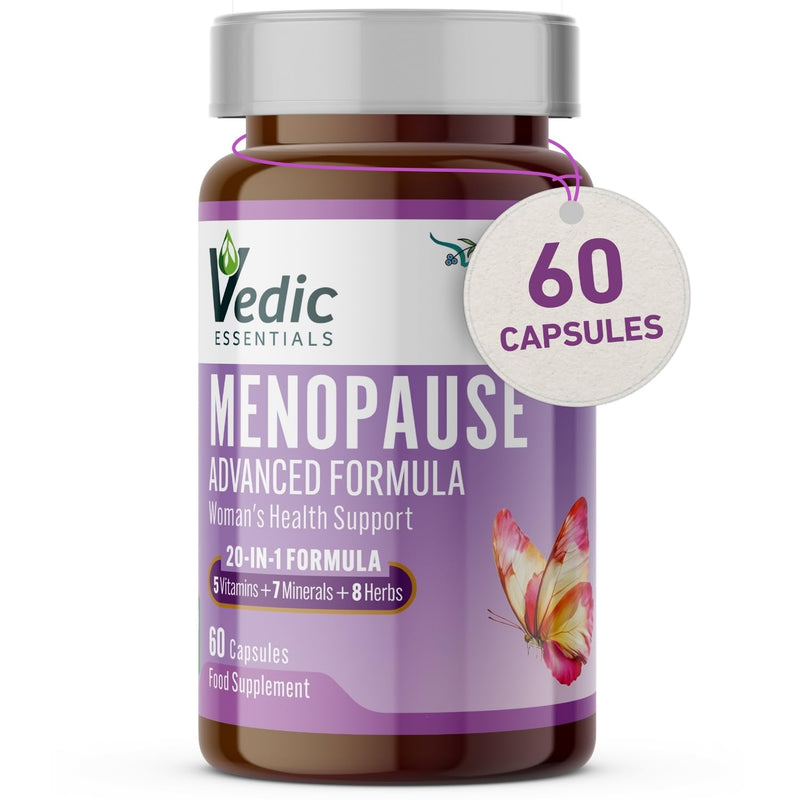 Vedic Menopause Supplement | 20 Vitamins, Minerals & Herbs- Red Clover, Sage, Primrose, Flaxseed, Ginseng | Perimenopause, Menopause Support- Hot Flashes Relief, Mood Swings, Fatigue | UK Made, Vegan