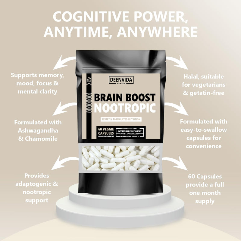 Brain Boost Nootropic Supplement, Supports Cognitive Function, Energy Levels, Focus & Memory Function, 60 Halal Vegetarian Capsules, with Ashwagandha & Chamomile Extract, DeenVida Nutrition