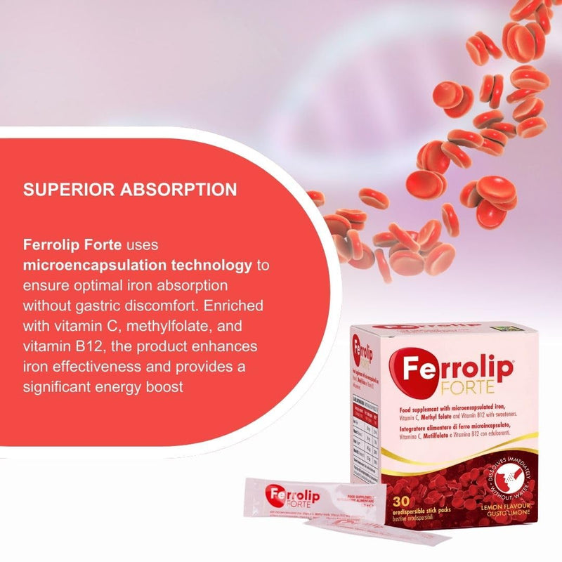 Ferrolip® Forte Microencapsulated Iron Pyrophosphate, Vitamin C, Methylfolate and Vitamin B12 Supplement | 30 Buccal Bags