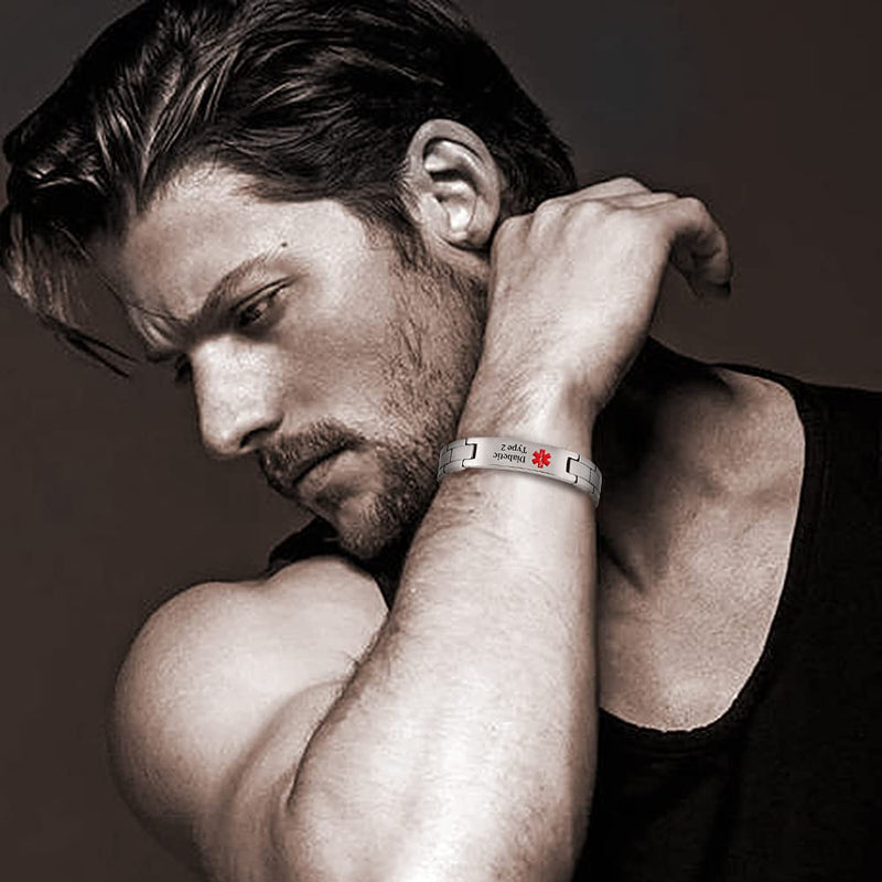 [Australia] - Titanium Medical Alert Bracelet for Men Women, Type 2 Diabetes, High Blood Pressure, Blood Thinner, Hypoallergenic, 8.46inch Wristband Type 2 Bracelets 