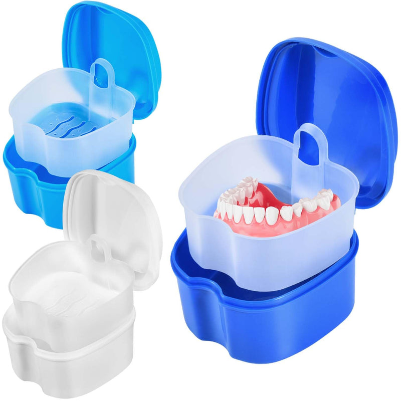 3 Pack Colors Denture Bath Case Cup Box Holder Storage Soak Container with Strainer Basket for Travel Cleaning (White, Blue, Light Blue) White, Blue, Light Blue