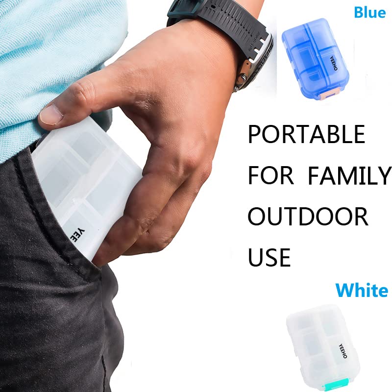 Pill Case (2 Pack) - Portable Small Supplements Tablet Container Box with 10 Compartments - Medicine Vitamin Organizer Dispenser Holder Storage for Travel Trip Pocket Purse(Blue+White) Blue+white