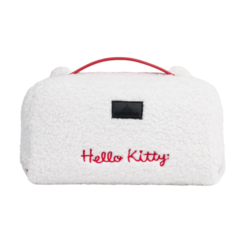 Impressions Vanity Hello Kitty Unfold Travel Makeup Bag Organizer, Opens Flat Zippered Cosmetic Bag with Cozy Sherpa Fabric Texture, Dual Compartments, Inner Pockets, Top Carrying Handle White (Hello Kitty)