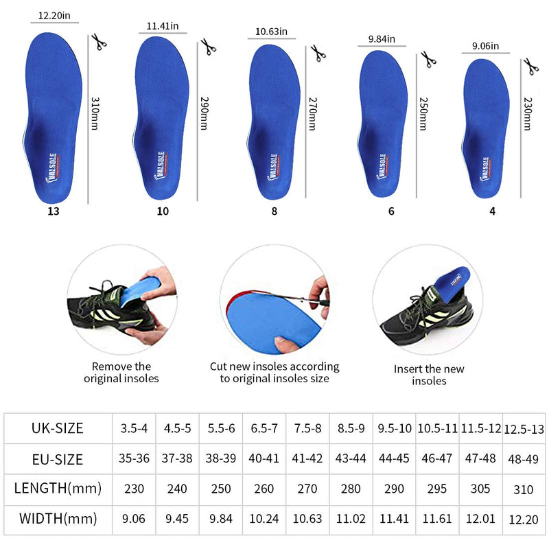 [Australia] - VALSOLE Orthopedic Insoles for Men and Women High Foot Support Soft Functional Shoe Insoles Insert for Flat Feet, Plantar Fasciitis, Foot Pain Dark Blue 44-45 EU 29cm 