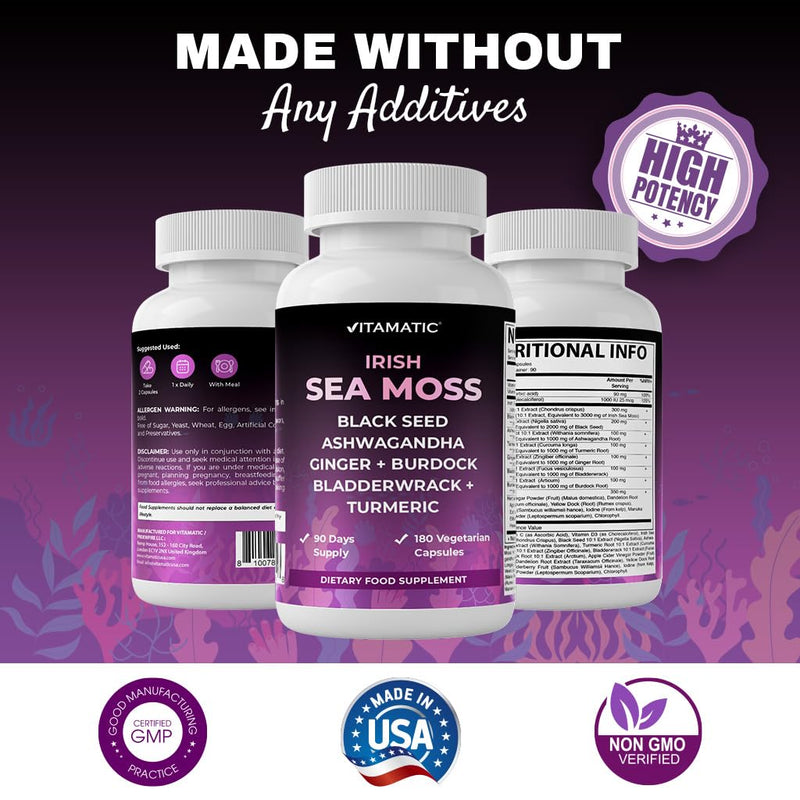 Vitamatic Sea Moss with Black Seed Oil, Ashwagandha, Turmeric, Bladderwrack & Burdock - 180 Vegan Capsules