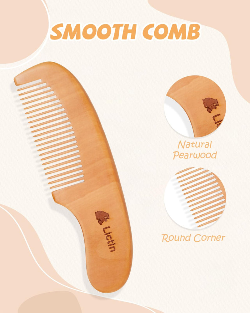 [Australia] - Lictin Baby Hair Brush and Comb Set, 4 Pcs Newborn Hair Brush with Soft Bristle, Natural Goat Hair and Wood Baby Cradle Cap Comb for Newborns & Toddlers, Newborn Baby Essentials, Perfect Registry Gift 