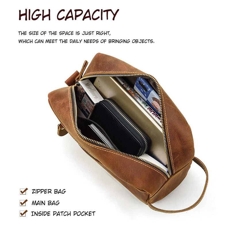 Toiletry Bag for Men or Women, Full Grain Leather Handcrafted Dopp Kit, Vintage Travel Leather Toiletry Travel Pouch, Large Cosmetic Bathroom Travel Shaving Bag, Fully Lined with Cotton Fabric Medium Brown