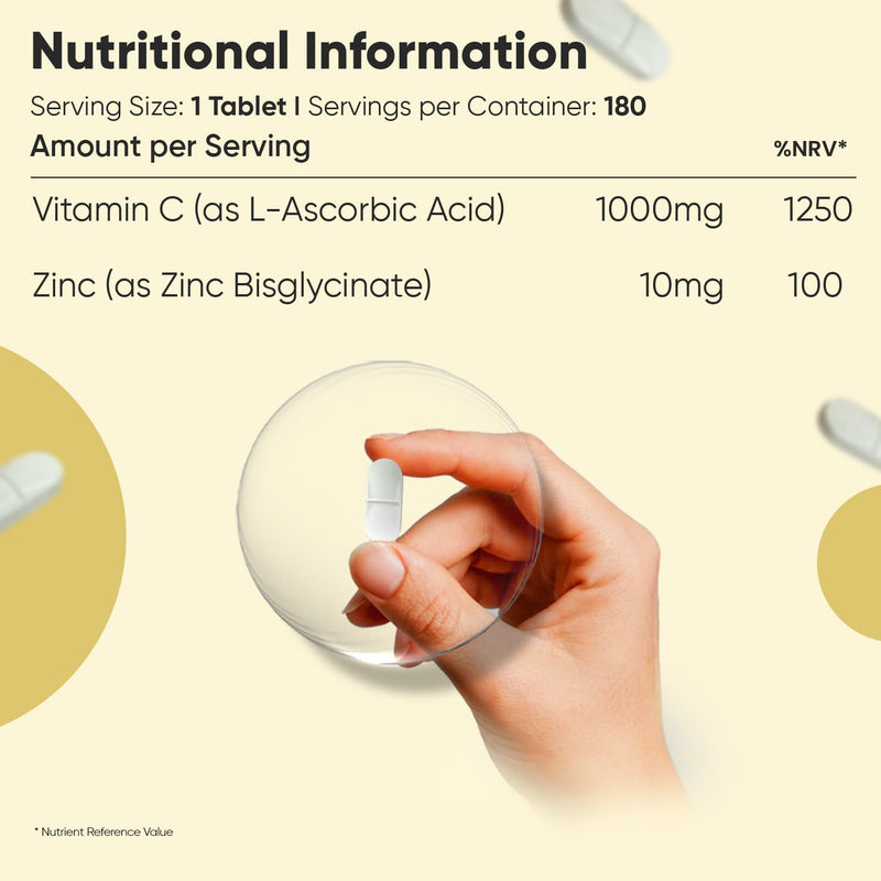 Vitamin C and Zinc Supplements - 6 Months Supply - 180 Tablets - 1 per Day - 1000mg L-Ascorbic Acid & 10mg Zinc Citrate - Vegan-Friendly & Non-GMO - Vitamin C Tablets for Men & Women