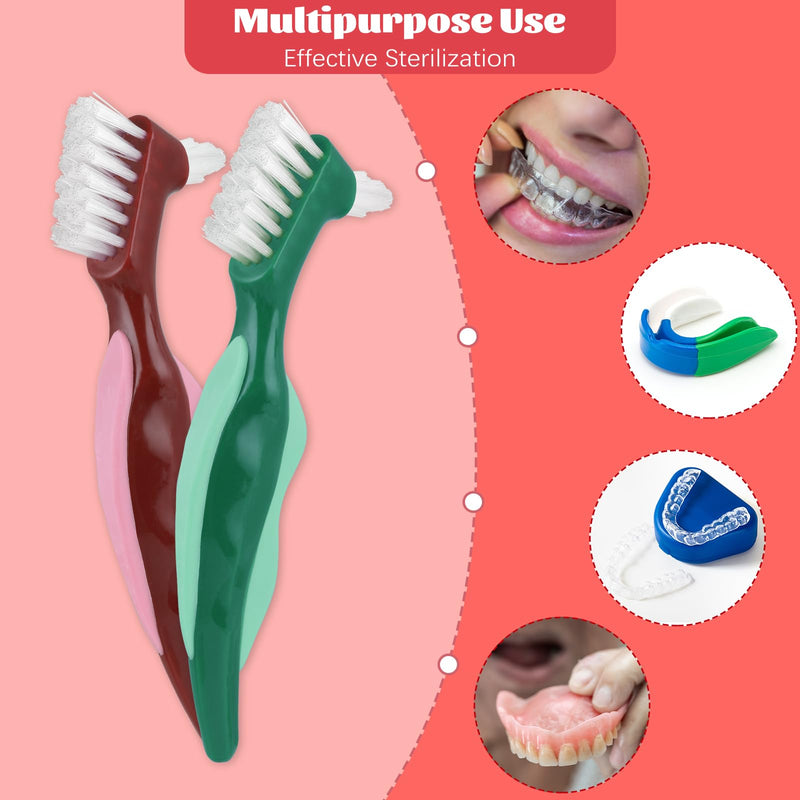 [Australia] - Qianyu 2 pieces hard denture brush, portable denture toothbrush set, double-sided denture brush, denture cleaning brush for dentures, rubber handle, ergonomic for denture care 