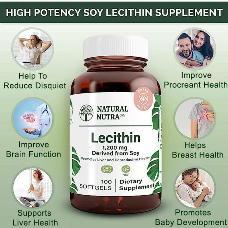 [Australia] - Natural Nutra Soy Lecithin Dietary Supplement, Support Brain Functioning, Liver Performance and Reproductive Health, Boost Brain Functioning, Gluten-Free, Non GMO, 100 Softgels 100 Count (Pack of 1) 