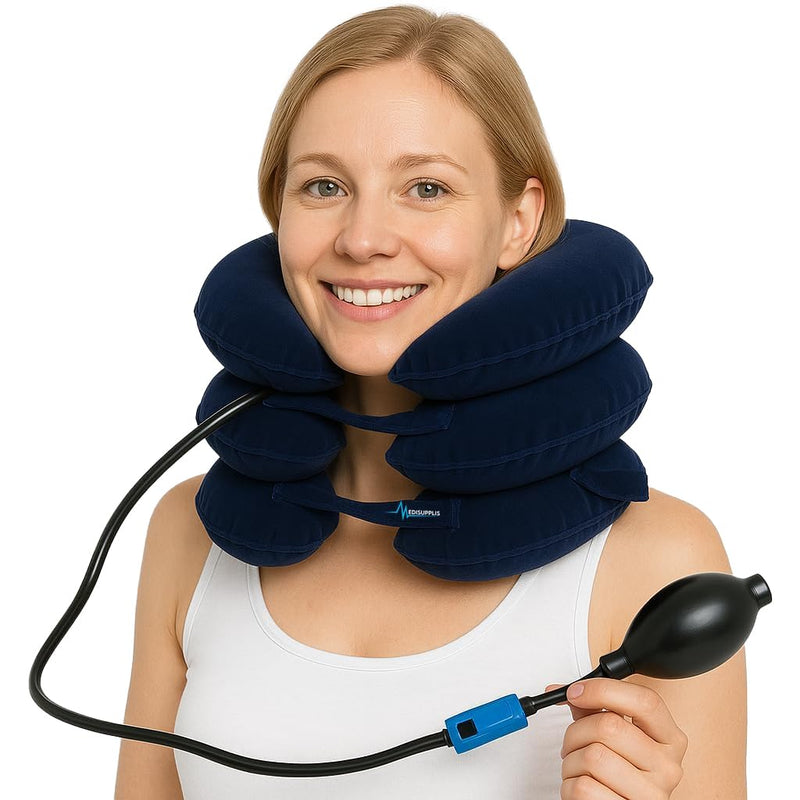 [Australia] - Inflatable Neck Stretcher for Instant Neck Pain Relief Chiropractor Recommended, Adjustable Cervical Neck Traction Device for Pinched Nerve Neck Relief Adjustable (S,M,L) Navy Blue 