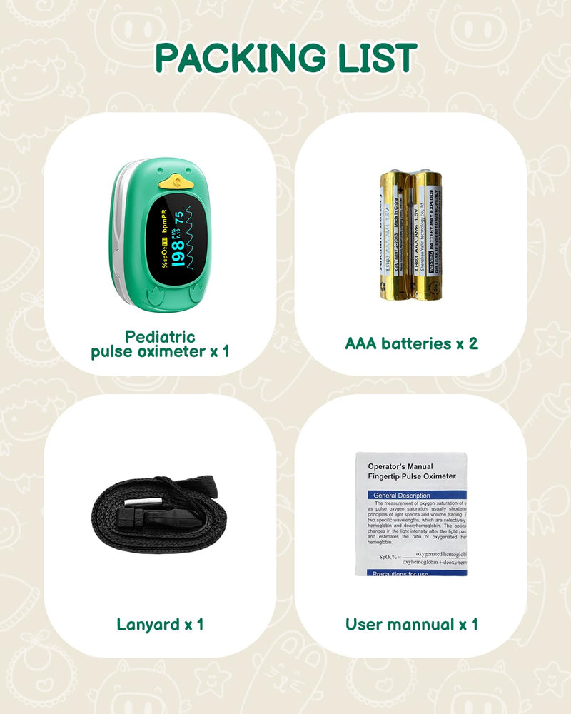 [Australia] - Pulse Oximeter for Kids-HOLFENRY Baby Oxygen Monitor Fingertip for Children Kids Pulse Oximeter Fingertip, Large Display, Included with AAA Battery Green 
