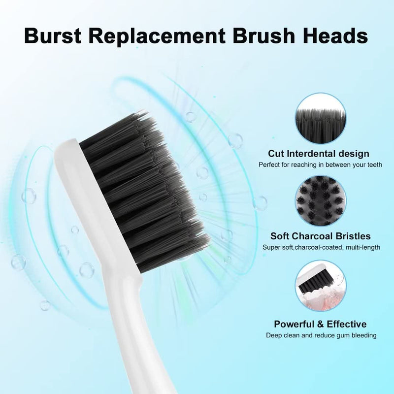 YUNCHI Replacement Toothbrush Heads for Burst Electric Toothbrush, 10 Pack with Dust Caps - Soft Charcoal Bristles for Deep Cleaning, Plaque Removal & Teeth Whitening (White) White 1 Count (Pack of 10)