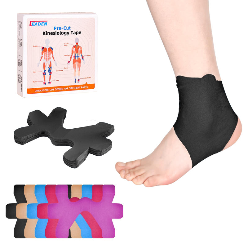 IEADEN Precut Kinesiology Tape for Ankle, 10 Pcs - Ankle Support & Stability, Ankle Pain Relief Athletic Tape - Waterproof & Elastic, Breathable Hypoallergenic Latex-Free Tape, Black