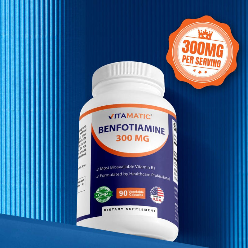 Vitamatic Benfotiamine 300 mg, 90 Vegetarian Capsules - 3 Pack | Fat Soluble Form of Vitamin B1, Supports Healthy Energy Metabolism and Nervous System*, Non-GMO, Gluten Free, Made in USA 3 Bottles