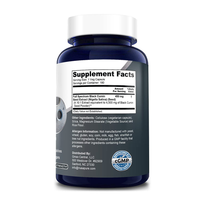 [Australia] - NusaPure Full Spectrum Black Cumin Seed Extract 4500mg 180 Veggie Powder Caps (Extract Ratio 10:1, Non-GMO, Gluten Free) Non-Oily 