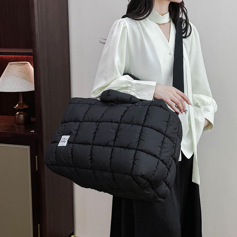 Puffer Tote Bag Quilted Duffle Bag for Women Puffy Crossbody Overnight Shoulder Handbag Large Weekender Bags Gym Travel Black