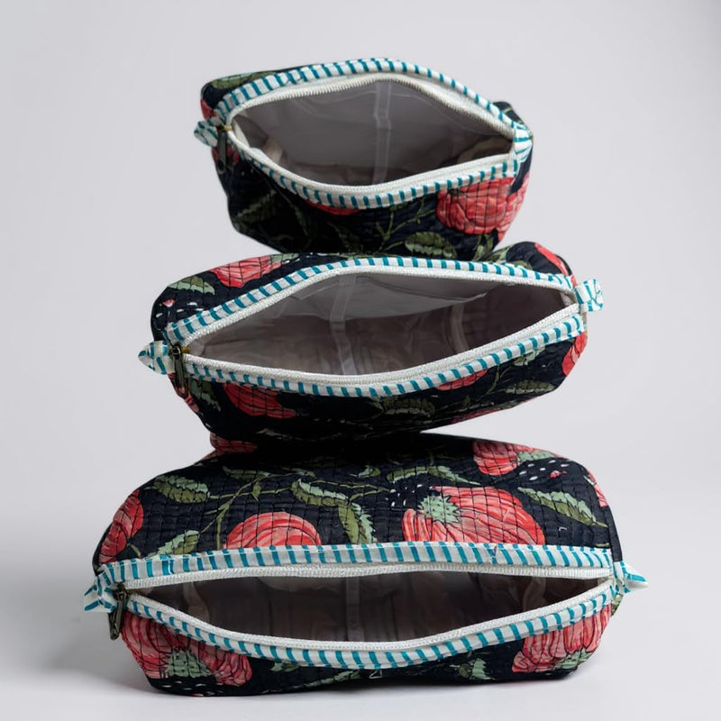 Cotton Hand Block Floral Print Toiletry Bag For Women Make Up Cosmetic Bag Jewelry Organizer Kit Storage Bag Case Travel Accessories Essentials Toiletries Purse Open Pouch set of 3 gift of her