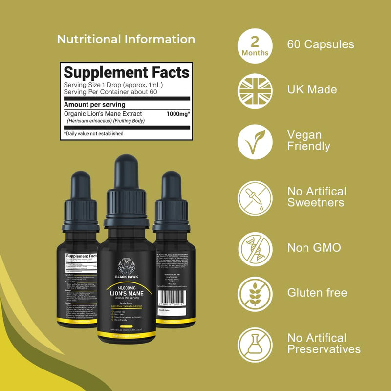 Lions Mane Supplement Liquid 60000mg - 60 Vegan Servings High Strength Lions Mane Mushroom Fruiting Body Extract - 2 Months Supply - Nootropic - Made in The UK by BLACK HAWK