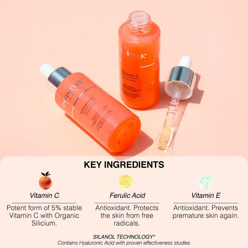 Infinitek Paris Vitamin C Facial Serum | With Organic Silicon & Ferulic Acid | Brightening Face Skincare Essential for a Smoother, Luminous Complexion | 1 fl oz / 30 ml Vitamin C Face Serum