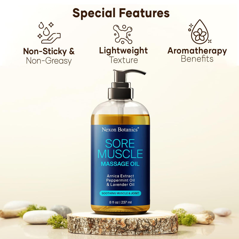 [Australia] - Sore Muscle Massage Oil 8 fl oz - Body Massage Oil for Massage Therapy - Peppermint, Lavender, Arnica Oil for Pain Relief, Muscle Relaxing - Nexon Botanics Sore Muscle 