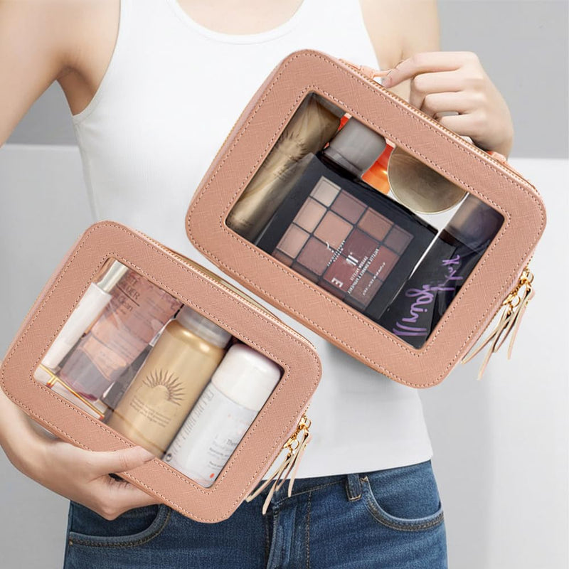 Travel Clear Makeup Bag Set, TSA Approved Cosmetic Bag Case with Zipper Portable Makeup Pouch Toiletry Bag Traveling Cosmetic Organizer Storage Bag Car Organizer Car Essentials Dual Dark Pink