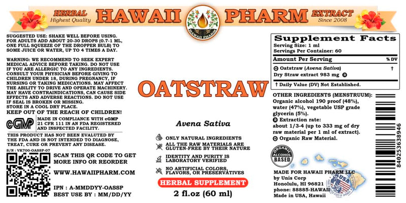 [Australia] - Oat Straw Alcohol-Free Liquid Extract, Organic Oats Straw (Avena Sativa) Dried Tops Glycerite Natural Herbal Supplement, Hawaii Pharm, USA 2 fl.oz 2 Fl Oz (Pack of 1) 