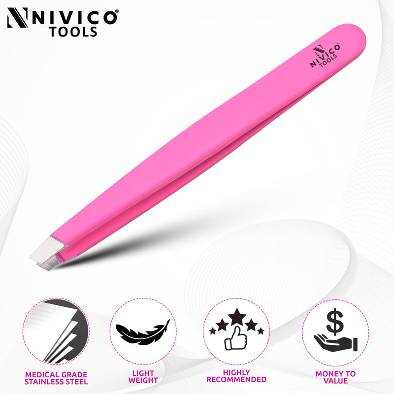 NIVICO Eyebrow Tweezer Hair Removal, Slant Stainless Steel 9.5cm Ingrown Facial Hair Tweezers for Men And Women (Pink Coated)