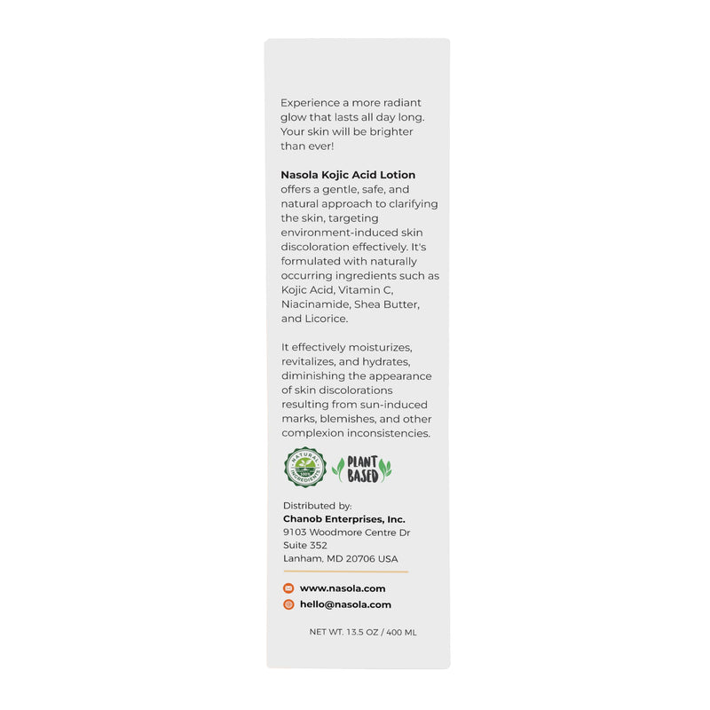Nasola Kojic Acid Lotion Natural Skin Clarifying for Face & Body with Vitamin C, Niacinamide, Shea Butter, Licorice & Green Tea for Complexion Revitalization, Body Lotion Women & Men 13.5 Fl Oz (Pack of 1)