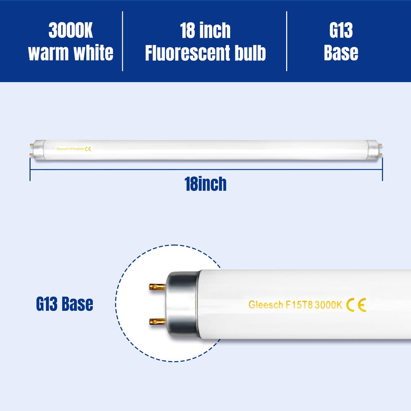 [Australia] - 15W 18" T8 Fluorescent Linear Tube Bulb F15T8/WW Warm White Light 3000K Medium Bi-Pin G13 Base 4 Pack Warm White-3000k 