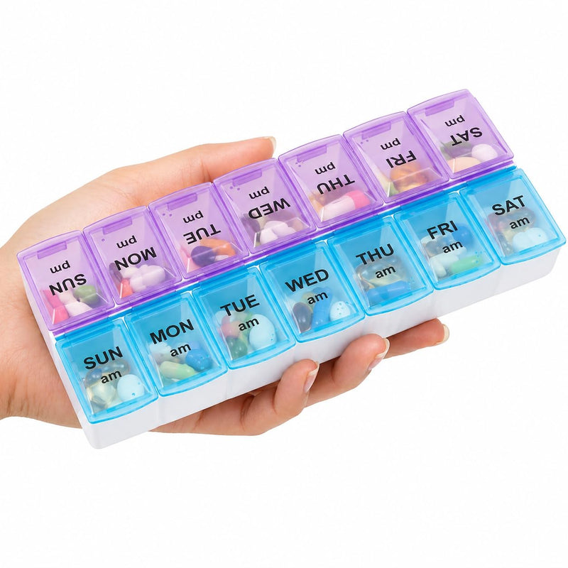 4 Packs Extra Large 7 Day Pill Organizer AM PM, Weekly Pill Box Twice a Day, Daily Medication Dispenser and Pill Case for Vitamins, Fish Oil, Supplements (Purple/Blue) Blue & Purple 4