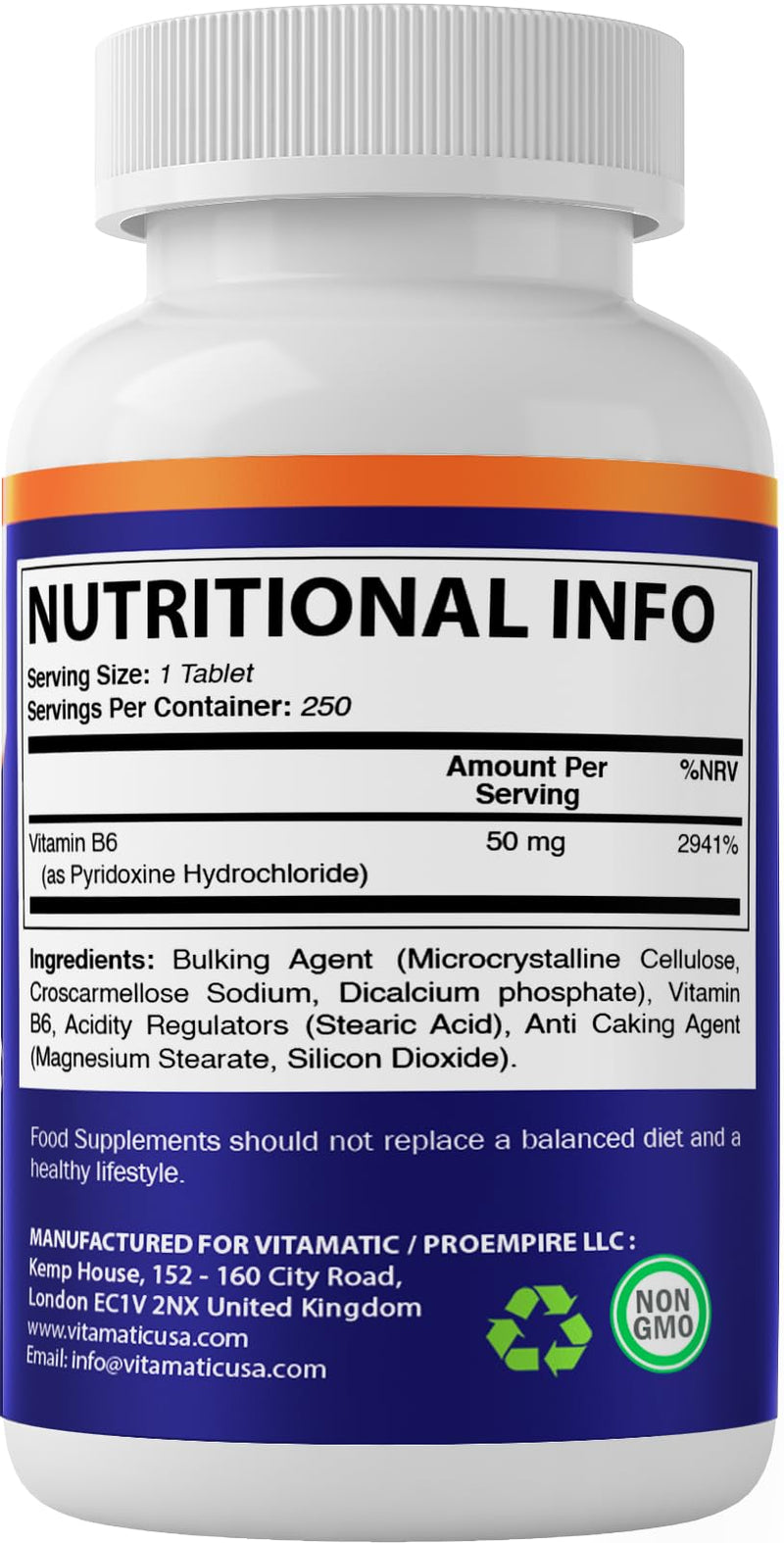 Vitamatic Vitamin B6 (Pyridoxine HCI), 50 mg 250 Vegetarian Tablets - Promotes Energy Production, boosts Metabolism and Immune Health Support