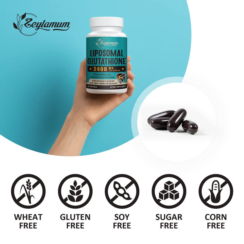 [Australia] - 2400 MG Liposomal Glutathione Softgels, Max Absorption, Active Form L-Glutathione Reduced (GSH), with Hyaluronic Acid, Resveratrol, Master Antioxidants for Detox, Brain, Immune System, 120 Softgels 60 Count (Pack of 2) 