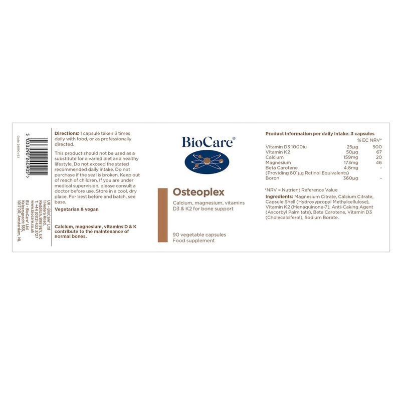 BioCare Osteoplex - Calcium, Magnesium, Vitamins D3 & K2 for Bone and Teeth Support - 90 Capsules